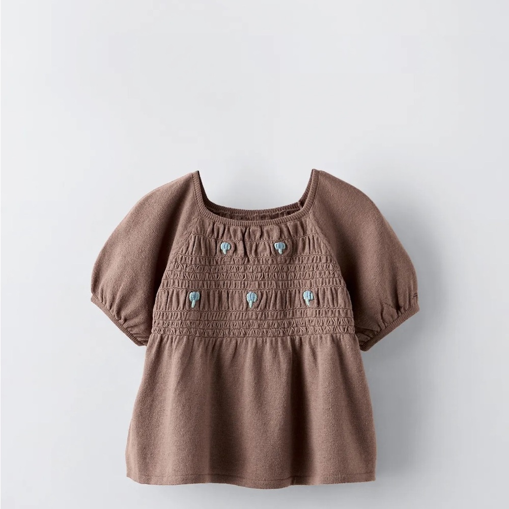 Zara Girls Brown Puff-Sleeve Smocked Top 4T